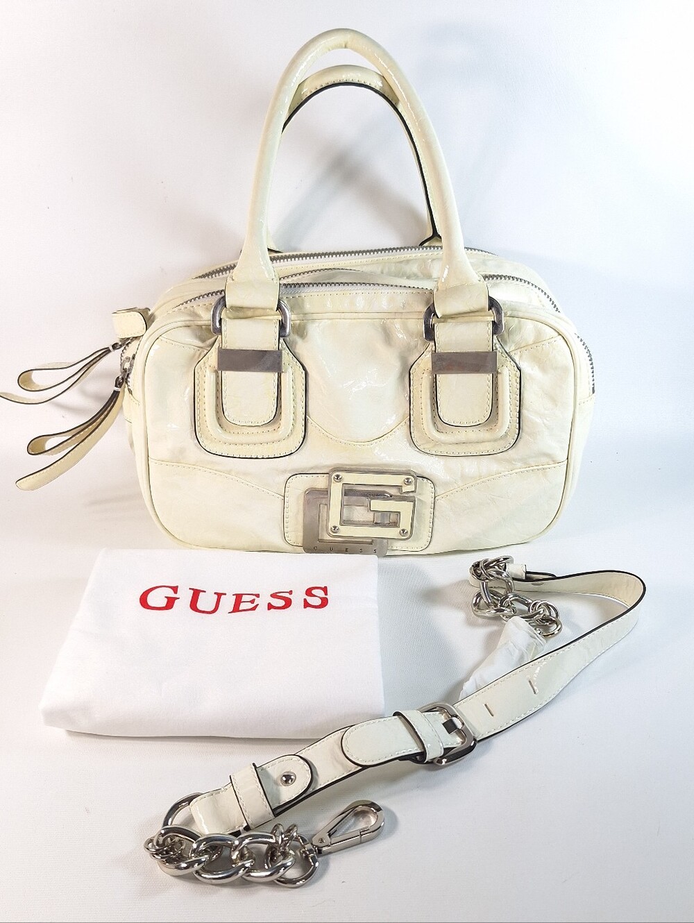 Vintage GUESS Y2K Cream Patent Faux Leather Bowler Satchel Bag Chunky Buckle